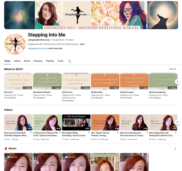 Snap shot of a you tube channel home page for Stepping Into Me